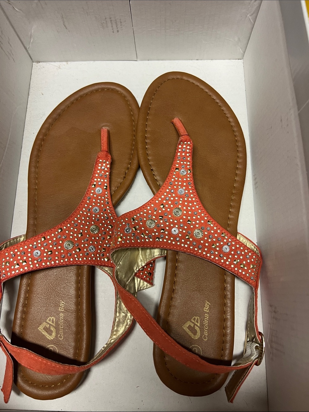 Coral Rhinestone T-Strap Sandals